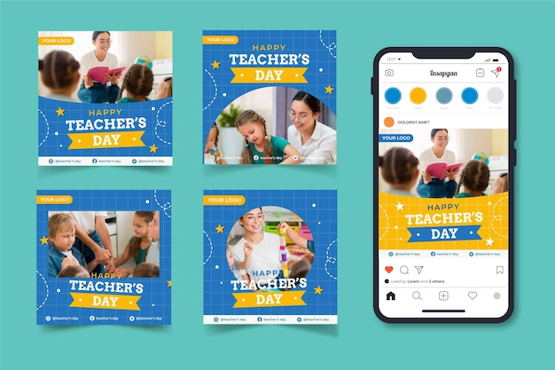 Flat teachers' day instagram posts collection with photo