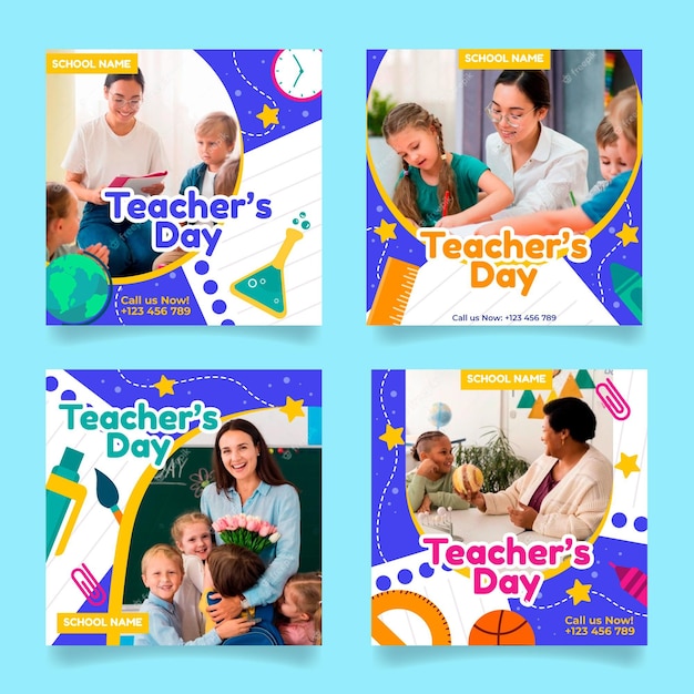 Free vector flat teachers' day instagram posts collection with photo