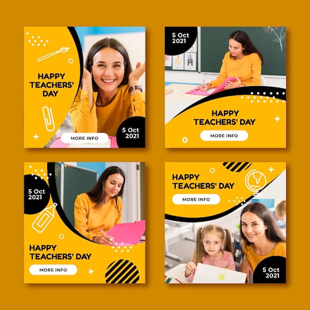 Free vector flat teachers' day instagram posts collection with photo