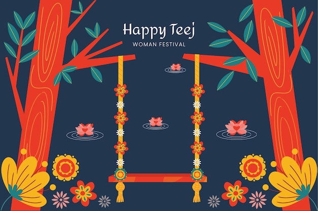 Free vector flat teej background with swing and flowers