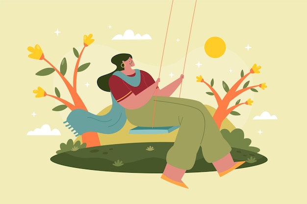 Бесплатное векторное изображение Плоский фон тидж с женщиной в качелях