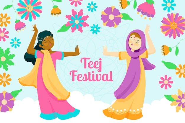 Free vector flat teej background with women dancing and flowers