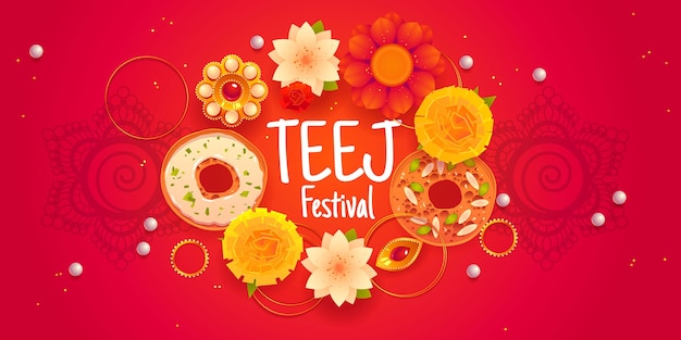 Flat teej festival horizontal banner template