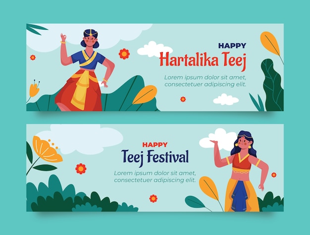 Flat teej horizontal banners set with women dancing