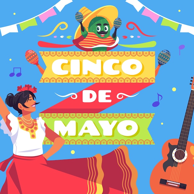 Vettore gratuito illustrazione a testo piatto per cinco de mayo