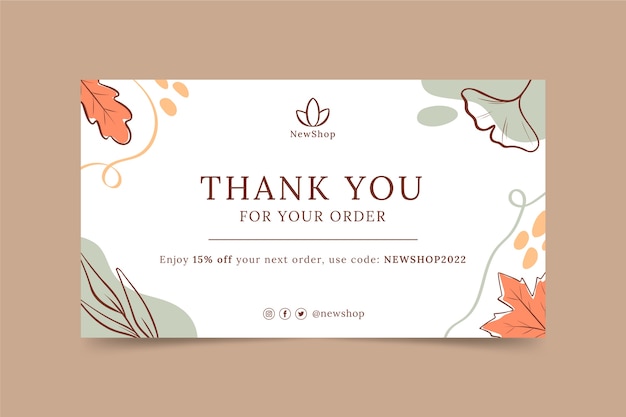 Flat thank you card template with leaves