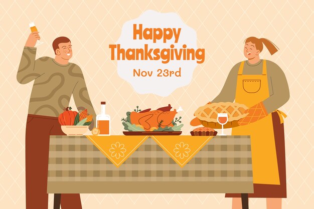 Flat thanksgiving background with couple and table of food