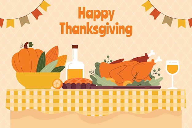 Плоский фон Дня благодарения с едой на столе