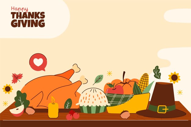 Flat thanksgiving background with turkey and buckle hat