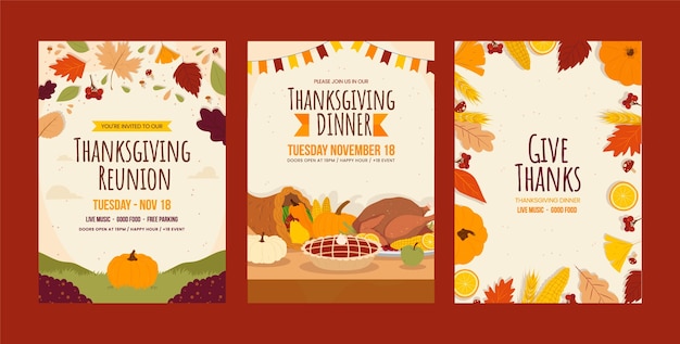 Free vector flat thanksgiving cards collection