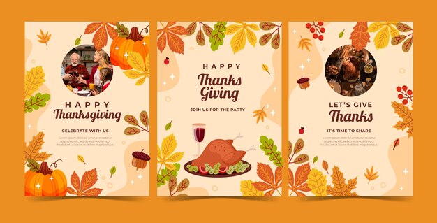 Flat thanksgiving celebration greeting cards collection