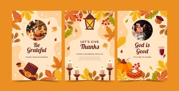 Flat thanksgiving celebration greeting cards collection