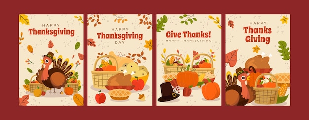 Flat thanksgiving celebration greeting cards collection