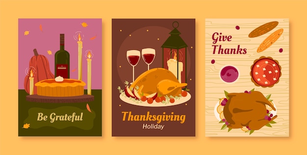 Free vector flat thanksgiving celebration greeting cards collection