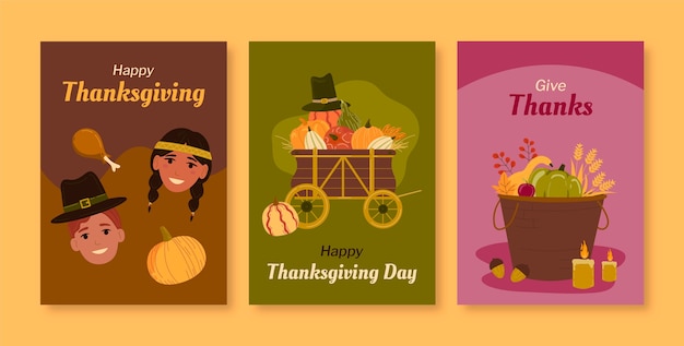 Flat thanksgiving celebration greeting cards collection