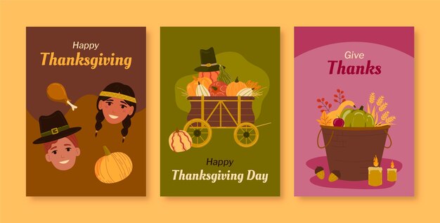 Flat thanksgiving celebration greeting cards collection