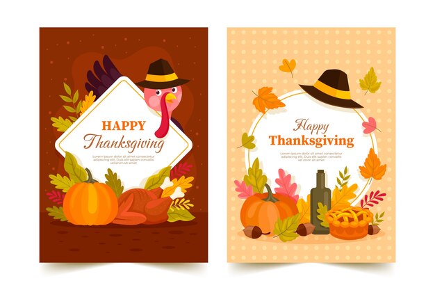 Flat thanksgiving celebration greeting cards collection