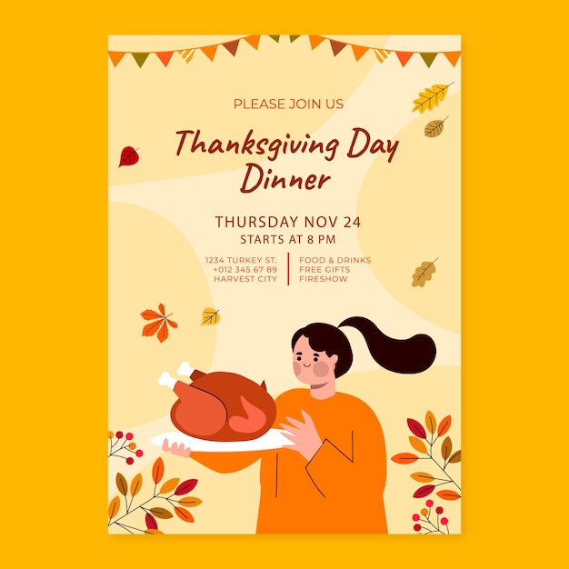 Flat thanksgiving celebration invitation template