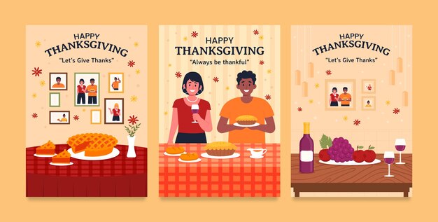 Flat thanksgiving greeting cards set