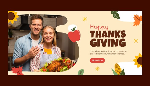 Flat thanksgiving horizontal banner template with apple and corn