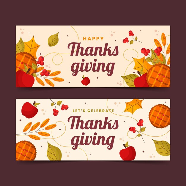 Flat thanksgiving horizontal banners set