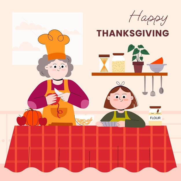 Flat thanksgiving illustration with grandma and granddaughter at the table