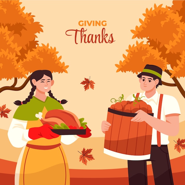 Плоская иллюстрация дня благодарения с мужчиной и женщиной, держащими индейку и урожай