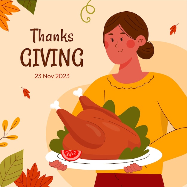 Free vector flat thanksgiving illustration with woman holding turkey