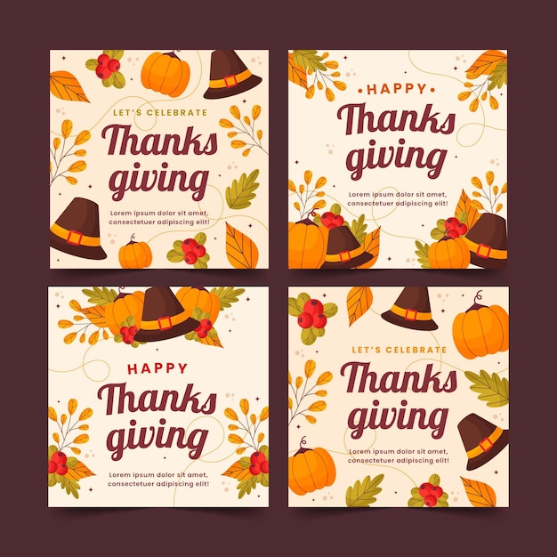 Free vector flat thanksgiving instagram posts collection