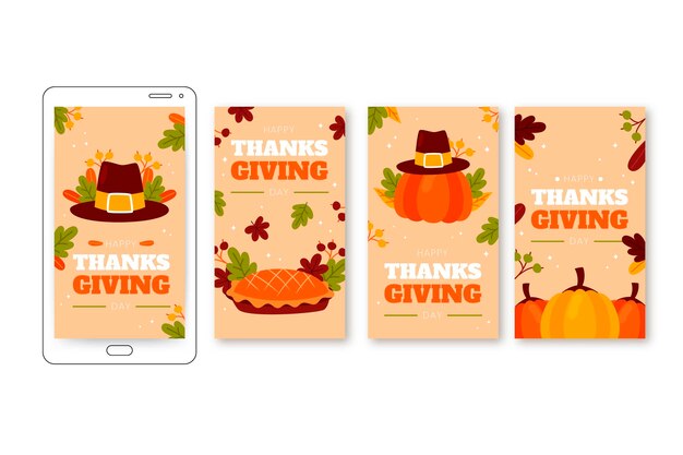 Free vector flat thanksgiving instagram stories collection