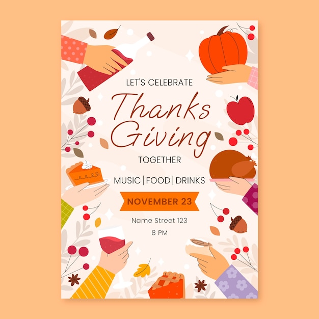 Flat thanksgiving invitation template with hands holding food