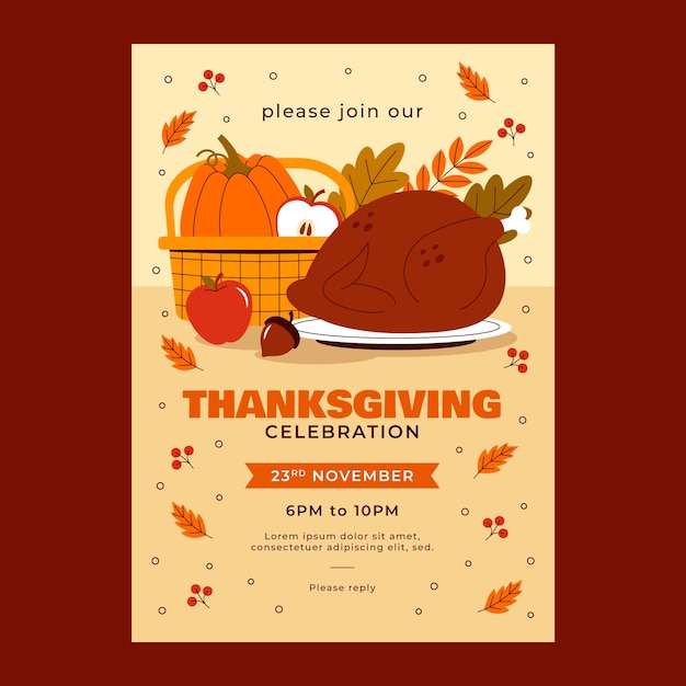 Free vector flat thanksgiving invitation template with pumpkin in basket and turkey