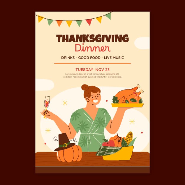 Flat thanksgiving invitation template with woman holding turkey