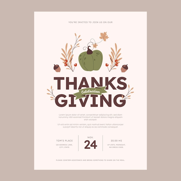 Free vector flat thanksgiving invitation template