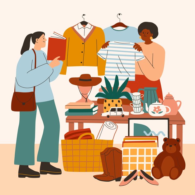 flat thrift store shopping experience illustration