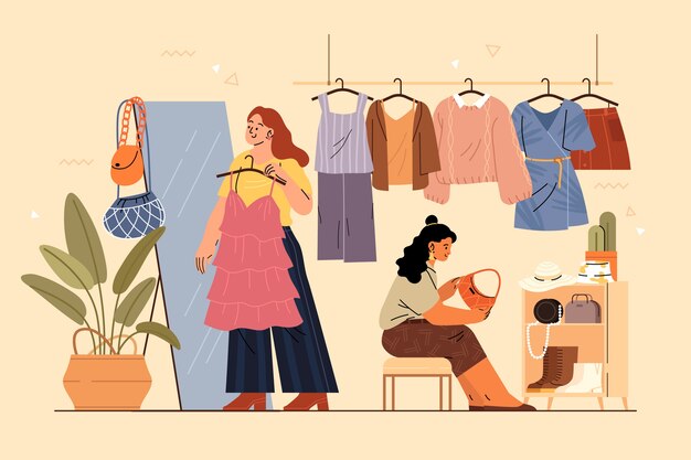 Flat thrift store shopping experience illustration