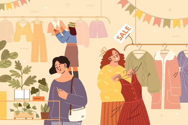 Flat thrift store shopping experience illustration