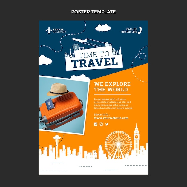 Flat time to travel poster template