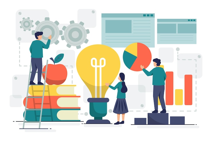 Free Vector flat tiny people innovation concept business partner generating idea for projects