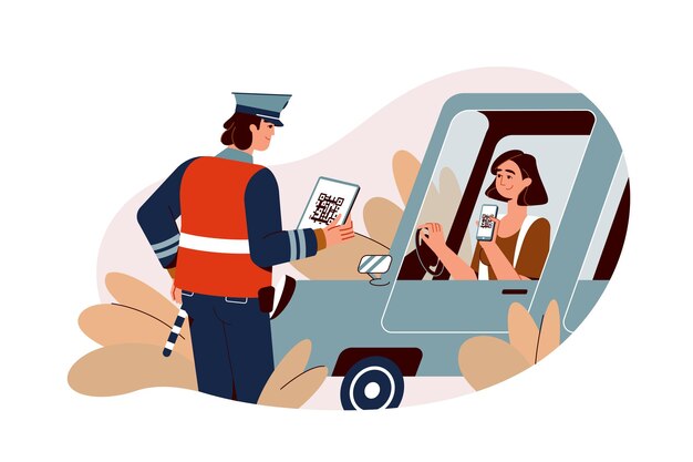 Flat traffic police inspector check digital driver licence of young woman scan QR code with phone Traffic officer scanning electronic driving document with smartphone app Policeman control of car