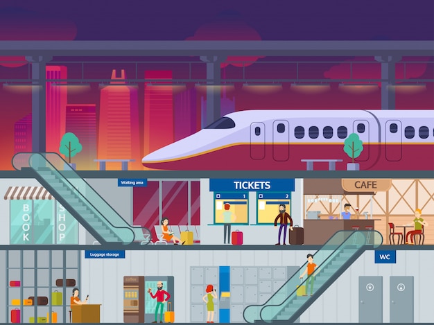 Flat train station night time concept