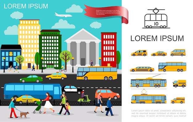 Vettore gratuito trasporto piatto nel concetto di città con veicoli in movimento su strada e taxi auto autobus camion furgone filobus tram
