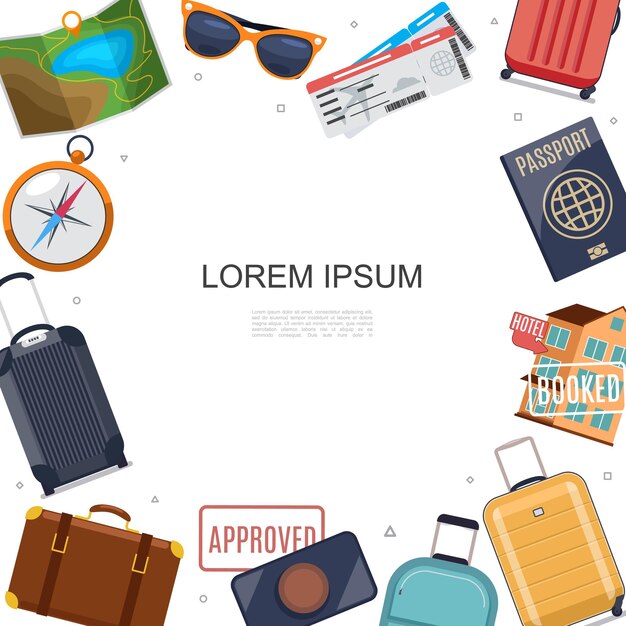 Flat travel accessories template with map sunglasses bags baggage navigational compass hotel passport tickets stamp