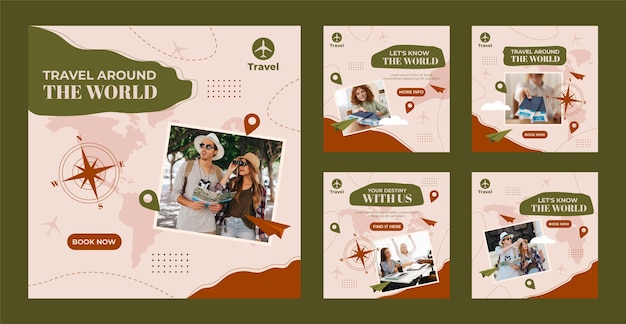 Vettore gratuito collezione di post di instagram di agenzie di viaggio piatte