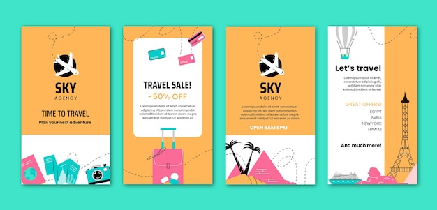 Free vector flat travel agency instagram stories collection