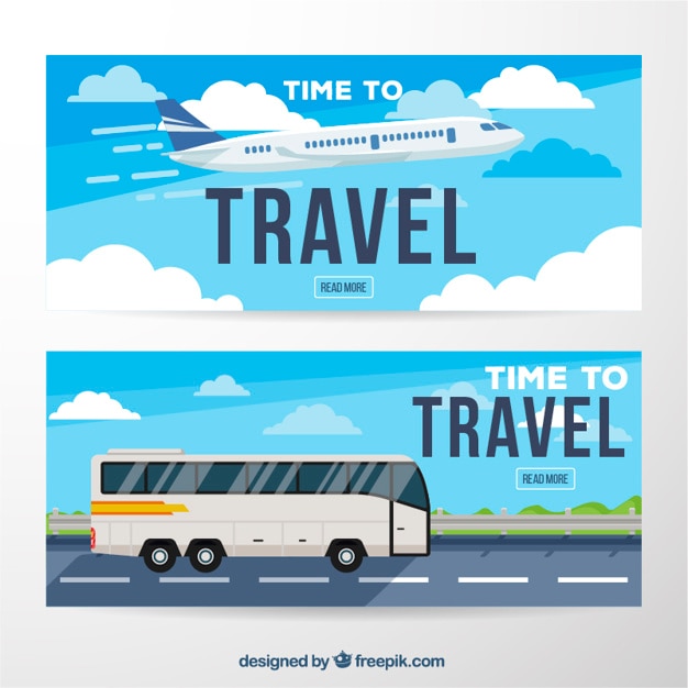 Free vector flat travel banners with plane and bus