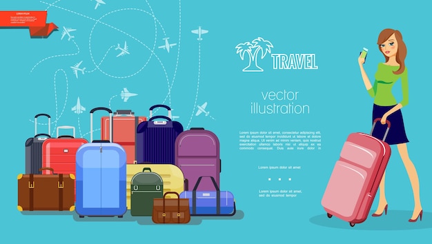 Плоский туристический красочный шаблон с багажом, красивая женщина, держащая сумку и платежную карту, летающие самолеты на синем