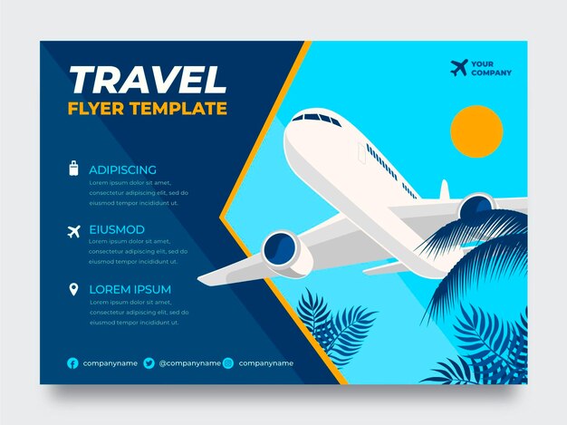 Flat travel flyer template with plane