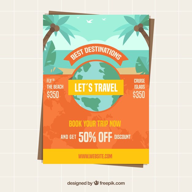 Free vector flat travel flyer template with summer style