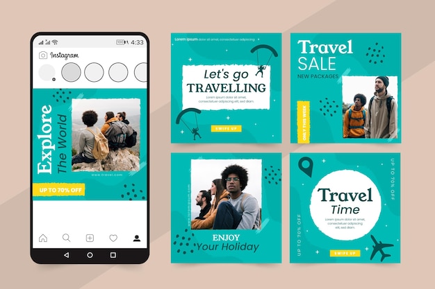 Free vector flat travel instagram post collection